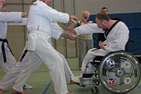Rollstuhl-TAEKWONDO, Fingerspitzenbruchtest von Andreas Sappl bei seiner Prüfung zum 4. DAN, 24.3.2012